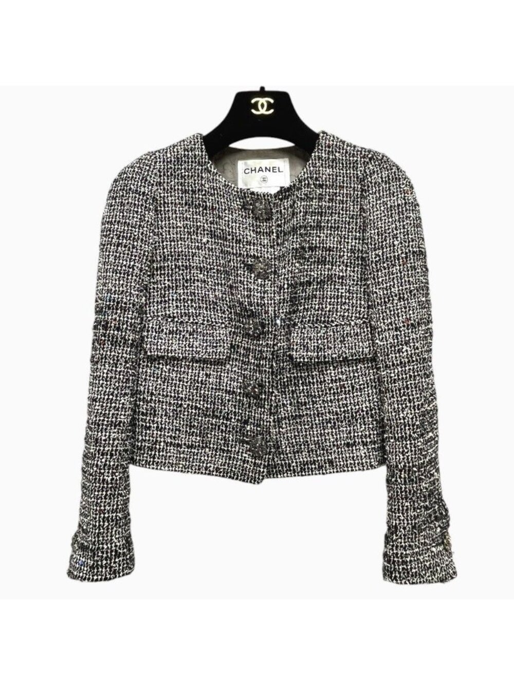 Chanel Jacket Tweed Bijou Flower Button Gray